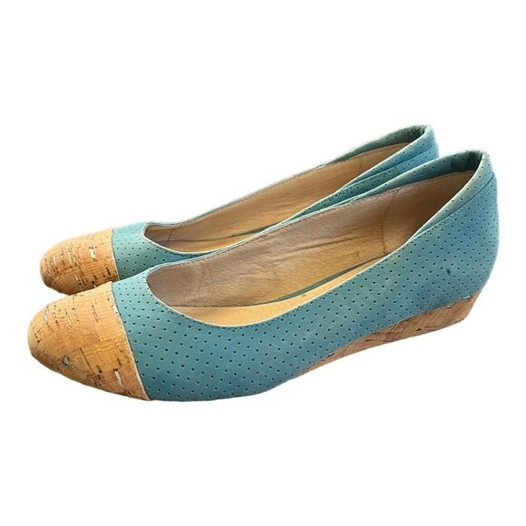 Donald J. Pliner | Cork Heel Toe Blue Turquoise Wedge Slip On Shoes 7 - Picture 1 of 9